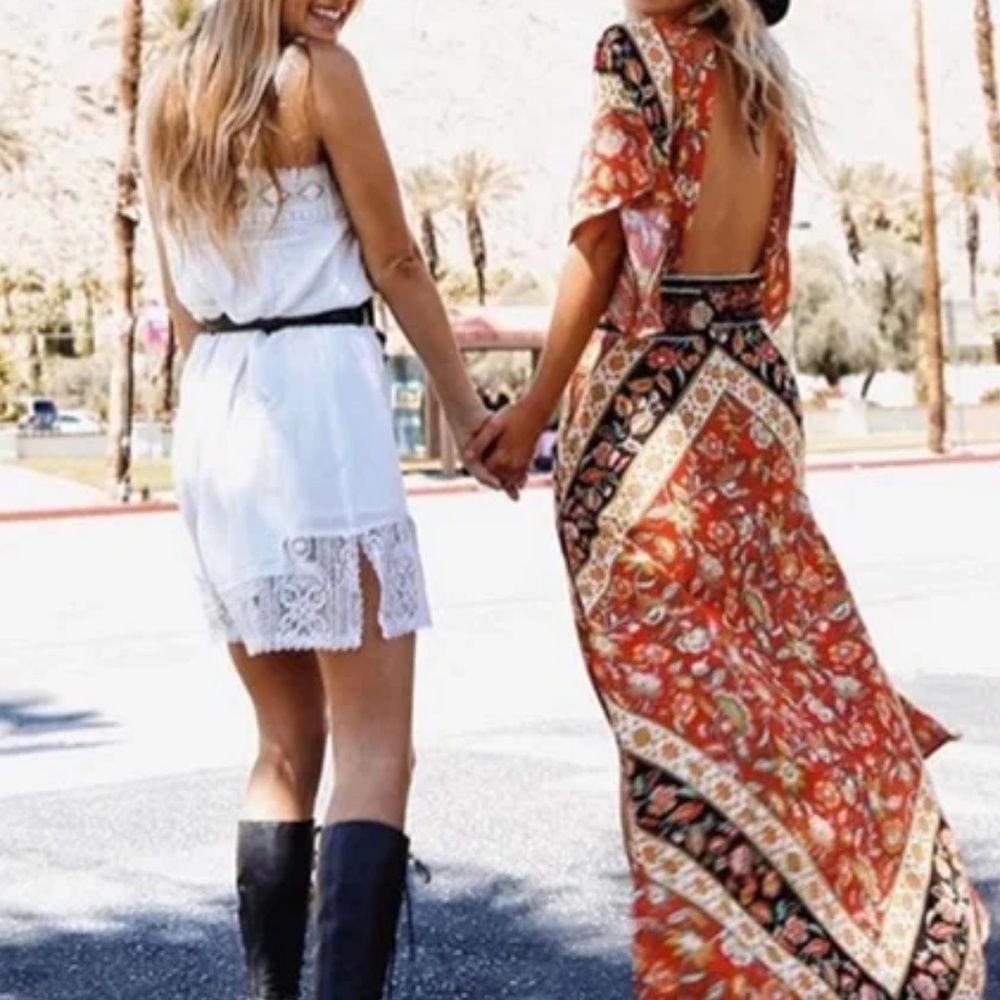 Boho festival floral print red backless midi dress - Picture 3 of 6